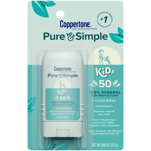 Coppertone Pure And Simple Sunscreen Stick Spf 50, Zinc Oxide Mineral Sunscreen Stick For Kids, Tear Free, Water Resistant, Broa