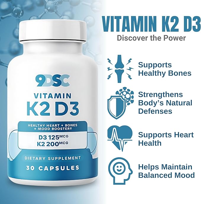 9DSC Vitamins D3 and K2-30 Capsules - K2 D3 Vitamin Supplement for Bone Health - Fast-Absorbing 200 mcg K2 Vitamin Supplement as MK-7-125 mcg of D3 - Made in USA