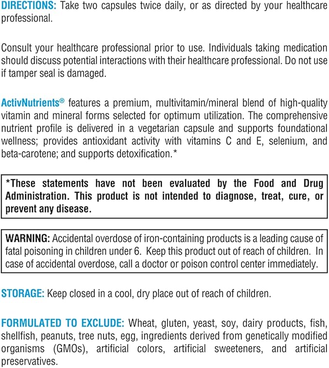 XYMOGEN ActivNutrients with Iron and Copper - Multivitamin Multimineral for Wellness, Immune, Energy and Mood Support - Chelated Minerals + Active B Vitamins with Folate (240 Capsules)