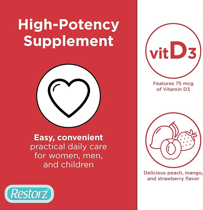 Vitamin D3 Gummies (112 Total, 8-Pack, 14 Per Pouch) - Flavorful Peach, Mango & Strawberry Wellness Chews/Heart & Bone Support/Vegan & Gluten Free/Soft Tasty Chewables for Adults & Kids