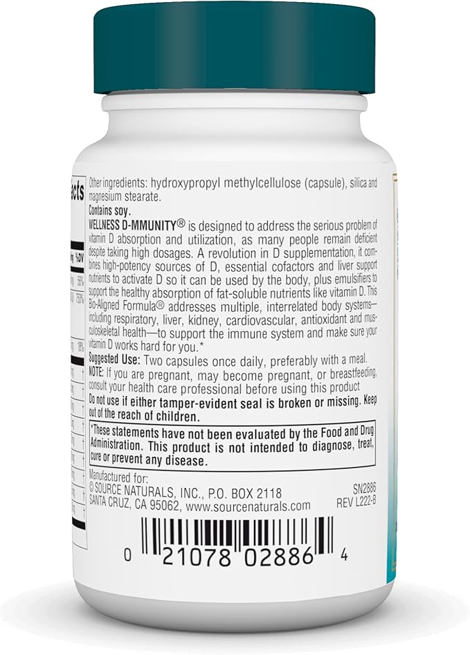 Source Naturals Wellness D-mmunity, Bio-Aligned Vitamin D Immune Formula, Supports Optimal Absorbtion and Utilization*, 125 mcg (5,000 IU) D-3-30 Vegetarian Capsules
