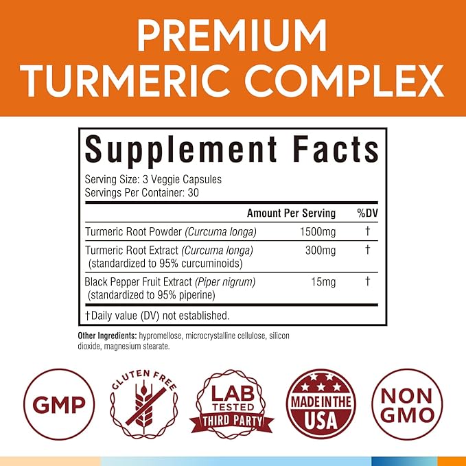 Turmeric Curcumin Supplement 1800mg, with Black Pepper 15mg for Maximum Absorption, 95% Curcuminoids, Mobility & Antioxidant Support, Made in USA, Non-GMO, No Gluten, 90 Vegan Capsules