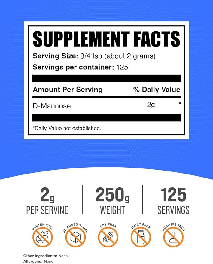 BulkSupplements.com D-Mannose Powder - D-Mannose Supplement, for Urinary Tract Health - Unflavored & Gluten Free, 2g per Serving, 250g (8.8 oz) (Pack of 1)