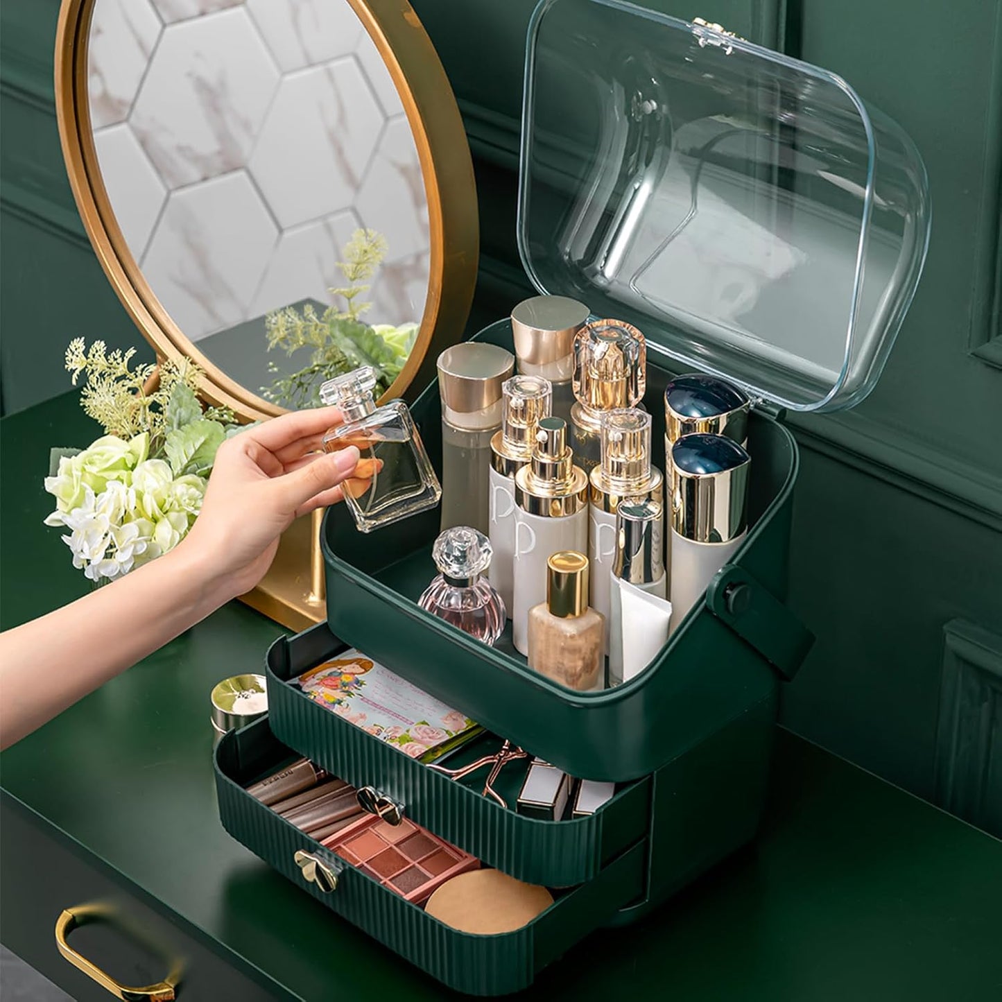 Makeup Organizer | 3-Tier Cosmetic Storage Box with Dust Cover & Drawers | Ivory