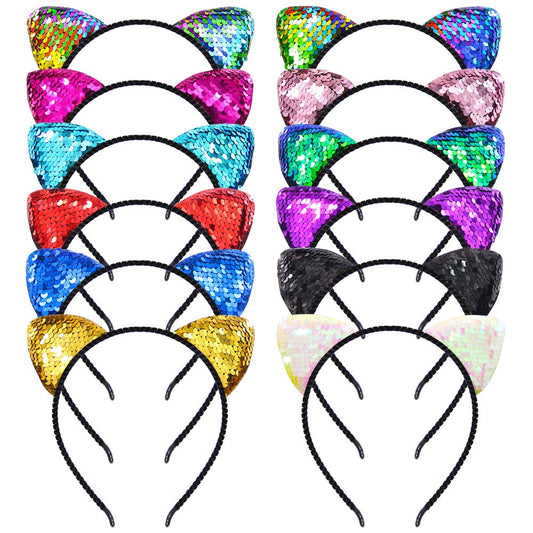 Beinou 12 PCS Reversible Sequin Cat Ears Headband Shiny Cat Ear Hair Hoops Cute Bling Kitty Hairband Hair Accessories for Girls