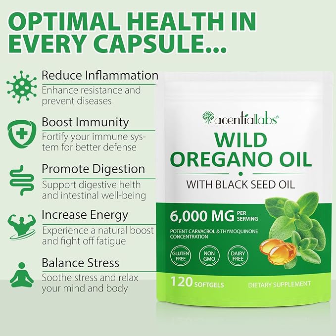 Oil of Oregano Softgels 6000mg, 2 in 1 Formulated with Black Seed Oil 200mg, Immune Support, Organic Oregano Oil Capsules, Natural Defense Supplement, Non-GMO, Easy to Swallow, 240 Softgels