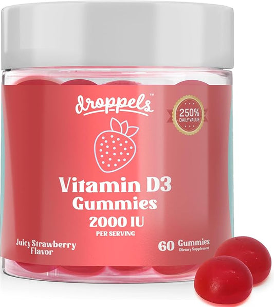 Droppels Vitamin D3 Gummies 2000 IU – Extra Strength, Vegetarian, Pectin Plant-Based Vitamin D Gummies for Bone Health Support – Juicy Strawberry Flavor, 60 Count (1-Month Supply)