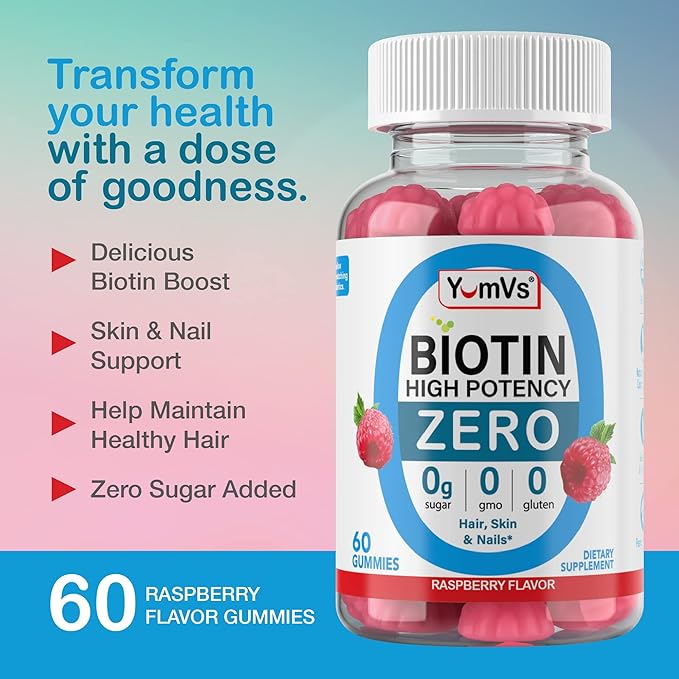 Yum-Vs - High Potency Biotin Gummies 5,000mcg Sugar Free Biotin Vitamins for Hair, Skin & Nails - B7 Biotin Hair Growth Gummy for Women & Men - Zero Sugar Raspberry Flavor Hair Skin Nails Gummies (60)