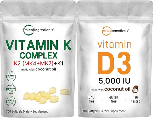 Micro Ingredients Super Vitamin K Complex (K2 MK7 + MK4 & K1) & Vitamin D3 5,000 IU Bundle Pack | Easily Absorbed K Vitamins, Active Menaquinone Complex | Vitamin D as Cholecalciferol