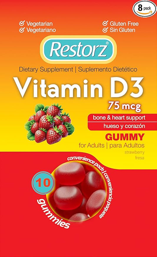 Vitamin D3 Gummies (112 Total, 8-Pack, 14 Per Pouch) - Flavorful Peach, Mango & Strawberry Wellness Chews/Heart & Bone Support/Vegan & Gluten Free/Soft Tasty Chewables for Adults & Kids