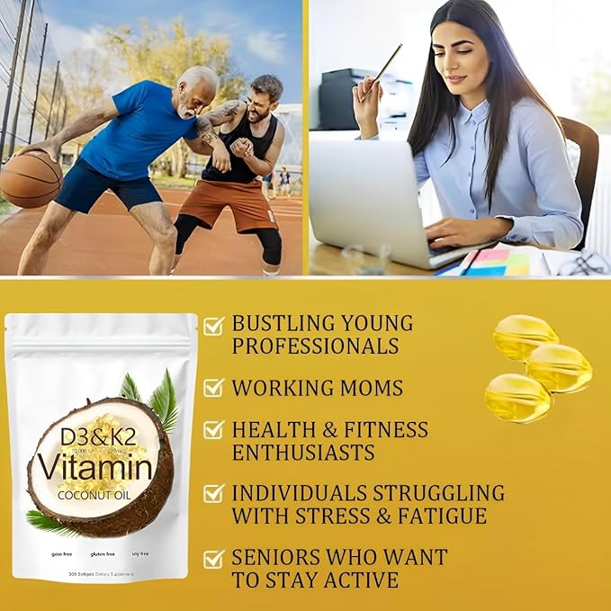 Vitamin D3 K2 Softgel, D3 K2 Vitamin 10000 IU, 10000 IU VIT D3 + 200 MCG Vitamin K2, Free of GMO, Gluten, Soy, Bone Health, Supports Calcium Absorption, 300 Gels
