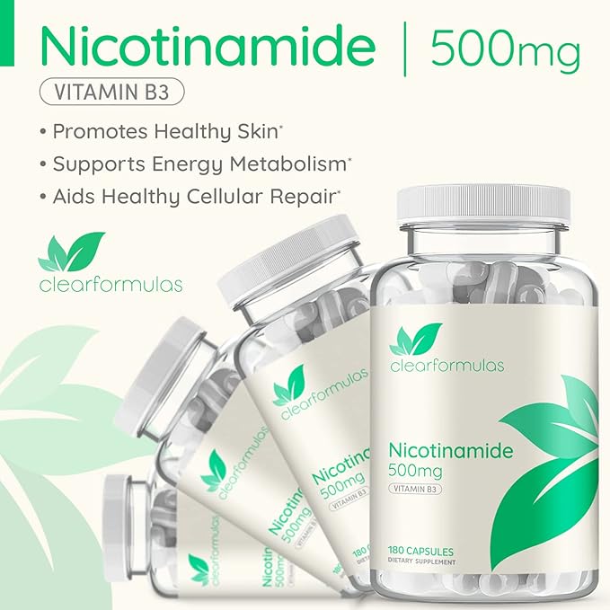 Vitamin B3 Nicotinamide 500mg - High Absorption Form of Vitamin B3 Niacin Flush Free for Hear Skin Brain and Energy Support - NAD Precursor - Made in a cGMP American Facility (180 Servings)