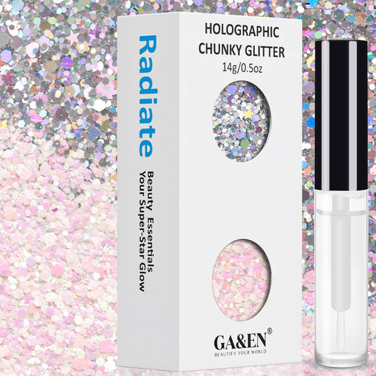 Silver and Light Pink&White Holographic Chunky Glitter Cosmetic Body Hair Face Eye Nail for Festival Carnival Concert Party Beauty Rave Accessories Different Shapes 14g+ Quick Dry Primer Glue Gel