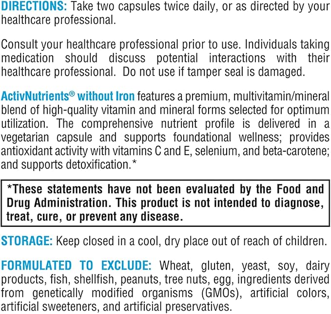 XYMOGEN ActivNutrients Without Iron - Multivitamin Multimineral for Wellness, Immune, Energy and Mood Support - Chelated Minerals + Active B Vitamins with Folate (120 Capsules)