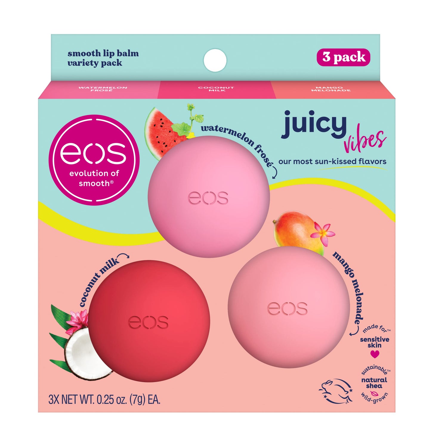 Eos Juicy Vibes Lip Balm Variety Pack- Watermelon Fros  , Mango Melonade & Coconut Milk, All-Day Moisture Lip Care Products, 0.2