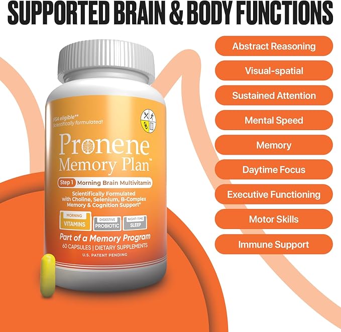 PRONENE Memory Plan (60 ct) Morning Brain Multivitamin | Nootropic Supplement w/Choline, Selenium, Resveratrol, D, & B Vitamins | Advanced nutrients Support Brain, Immunity & Memory.