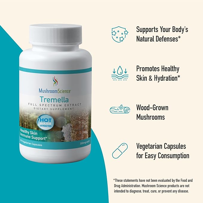 Tremella Mushroom Capsules, Full Spectrum Extract, Healthy Skin Support, Natural Mushroom Supplement for Adults, Hot Water Extracted Mushrooms, Vegetarian, 300MG, 90 Count