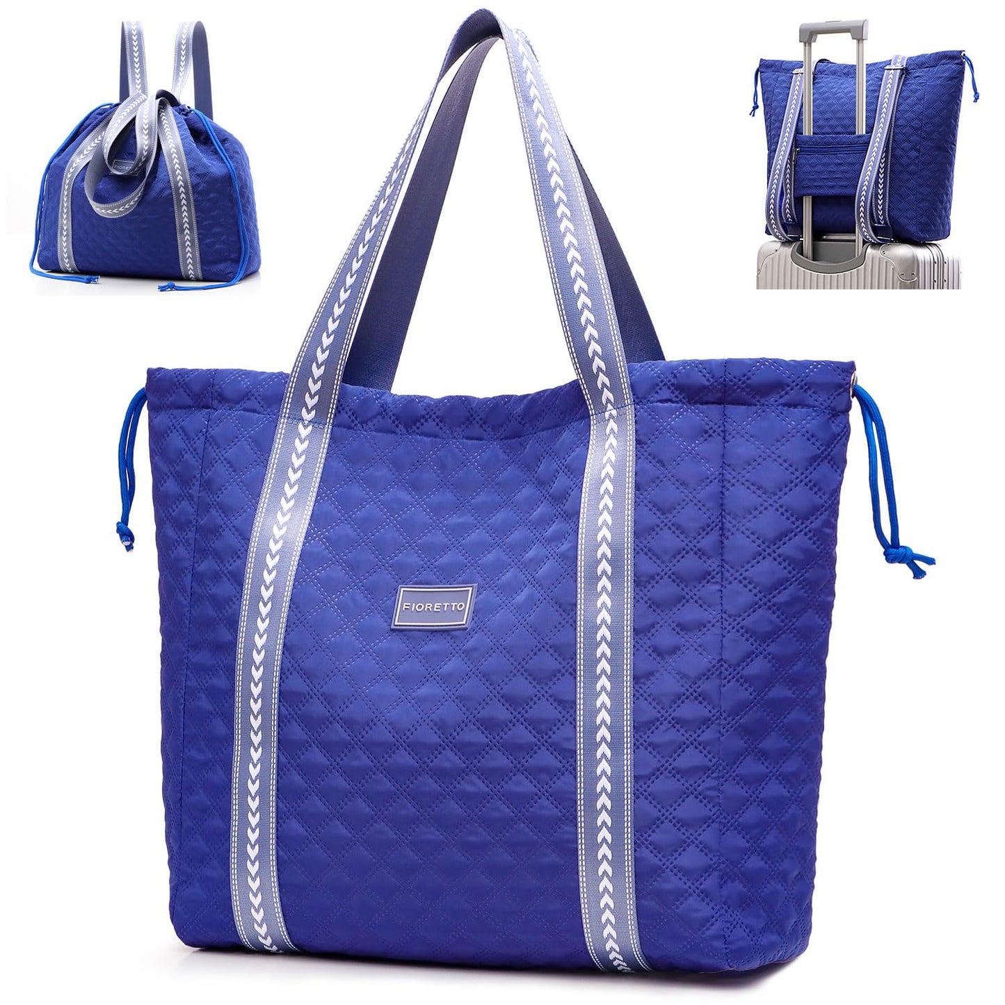 FIORETTO Womens Quilted Travel Tote Bag Duffle Bag with Trolley Sleeve, Gym Weekender Overnight Hospital Bag with Double Shoulder Strap, Water-Resistant Carry On Hand luggage Bag Holdall Navy