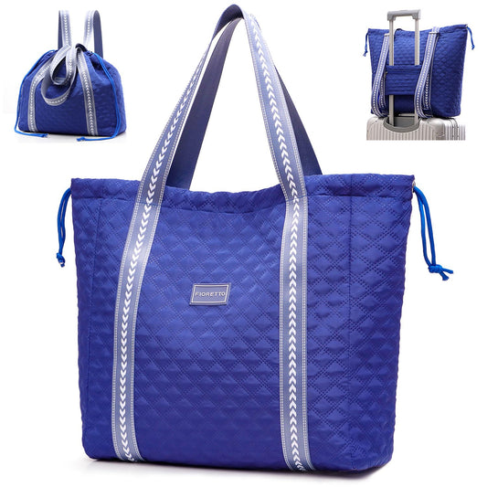 FIORETTO Womens Quilted Travel Tote Bag Duffle Bag with Trolley Sleeve, Gym Weekender Overnight Hospital Bag with Double Shoulder Strap, Water-Resistant Carry On Hand luggage Bag Holdall Navy