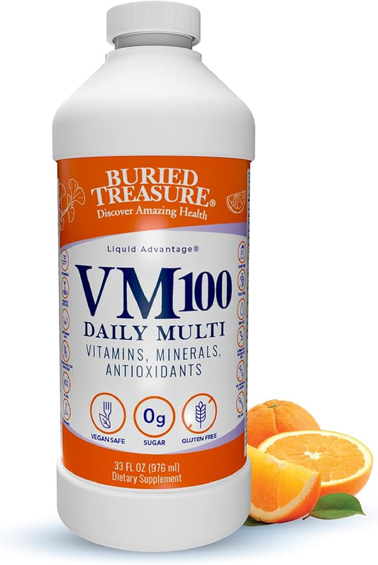 Buried Treasure VM100 Complete Daily Liquid Vitamins and Minerals plus Antioxidants Supplement for Maximum Absorption Great Tasting Orange Zest Flavor 32 Servings 32 Ounce