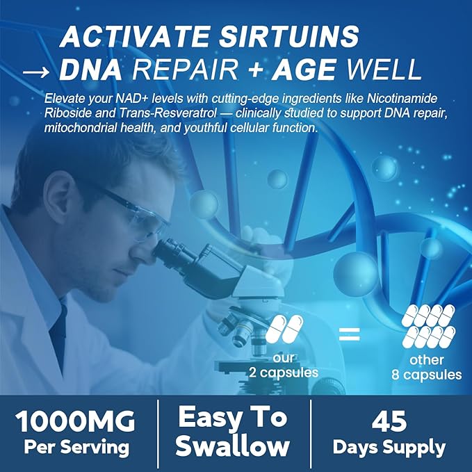 NAD+ Supplement 1000mg for Women & Men, with Nicotinamide Riboside Resveratrol - High Purity NAD Resveratrol Supplement for Cellular Energy, Longevity & Healthy Aging, NMN Alternative - 90 Capsules