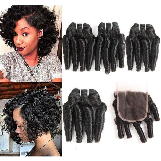 Molefi Brazilian Funmi Hair Curly Weave 4 Bundles With Lace Closure Spiral Curl Hair Bundles With 4X4 Closure 100% Human Hair Ex