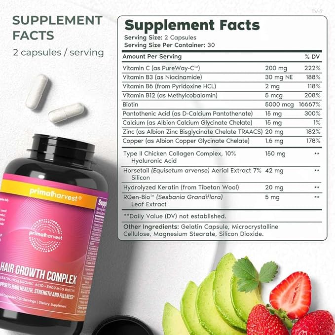 Primal Harvest Hair Growth Vitamins, Hair Growth for Women & Men - 60 Hair Growth Pills, Natural Hair Thickening Products for w/Biotin & Zinc - Hair Supplement, Regrowth Hair Vitamins