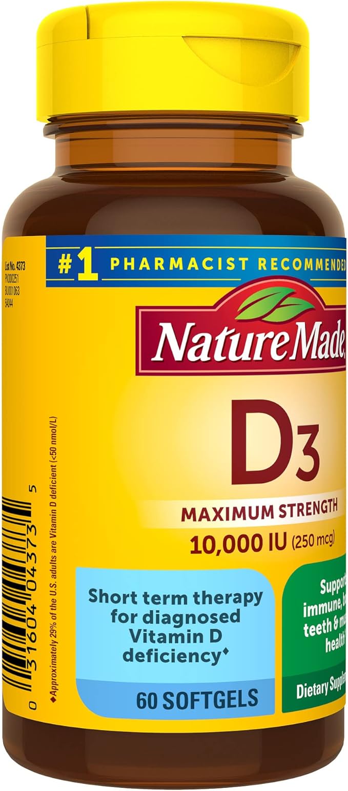 Nature Made Maximum Strength Vitamin D3 10000 IU (250 mcg), Dietary Supplement for Bone, Teeth, Muscle and Immune Health Support, 60 Softgels, 60 Day Supply (Pack of 2)