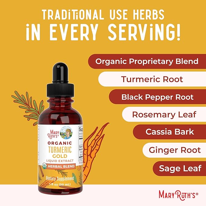 MaryRuth Organics USDA Turmeric Gold Liquid Drops | Herbal Blend | Turmeric Curcumin | Black Pepper | Cassia Cinnamon Bark | Ginger Root | Immune Support | Non-GMO Project Verified | Vegan | 1oz