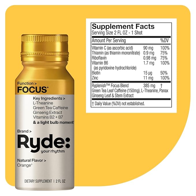 Ryde: Discovery Pack | Energize, Focus & Relax Shots | Green Tea Caffeine, Taurine, Ginseng, B Vitamins, L-Theanine, Lemon Balm, Chamomile | 0 Calories, 0 Sugar | Variety Pack Try Them All (24 Pack)