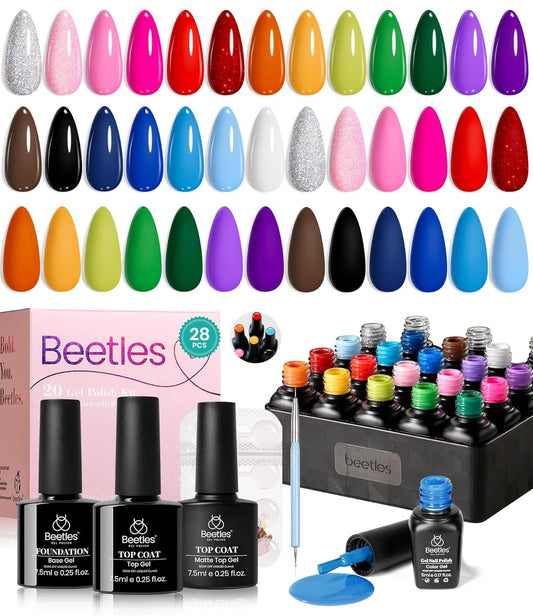 Beetles Gel Polish Set 28Pcs Gel Nail Polish Colors Black Green Red Blue Gel Polish Kit Blokecore Collection With Sports Nail Ch