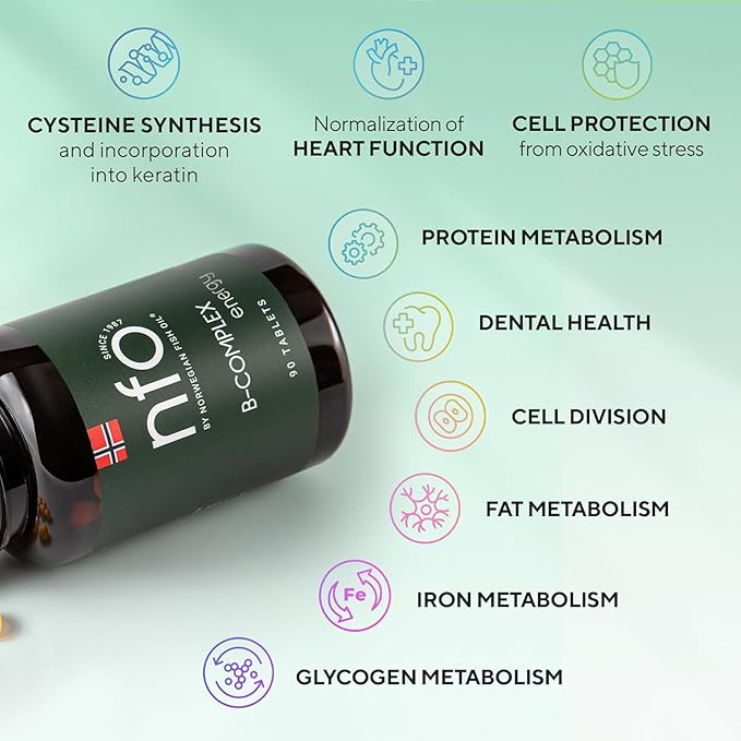 NFO Vitamin B Complex [90 Tablets] Norwegian Natural High-Dose Complex of Multivitamins of Group B in an Easily Accessible Form: B1, B2, B3, B5, B6, B9, B12 for Men and Women Made in Norway