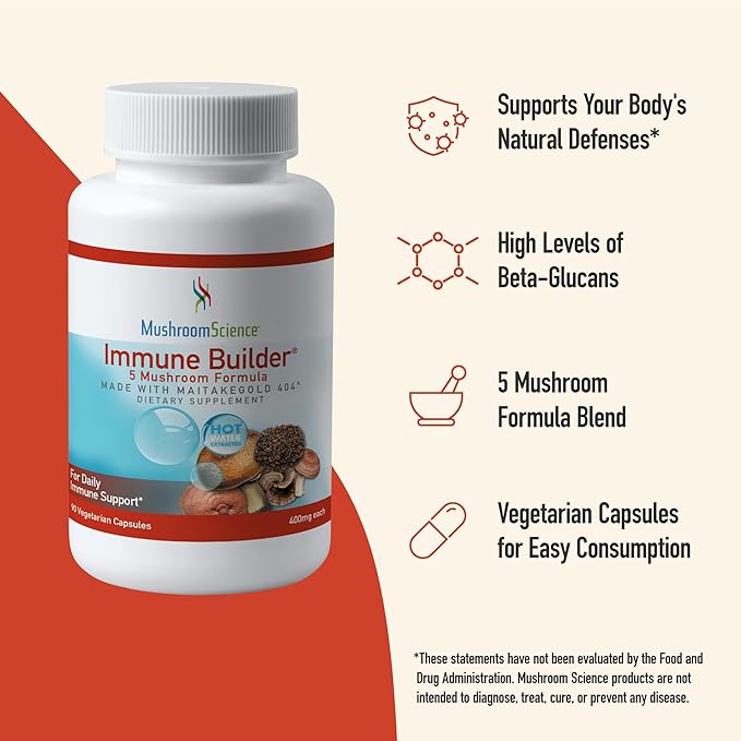 MushroomScience Immune Builder Mushroom Capsules, Full Spectrum Extract with MaitakeGold, Reishi & Shiitake, Mushroom Supplement for Adults, Hot Water Extracted Mushrooms, Vegetarian, 400MG, 90 CT