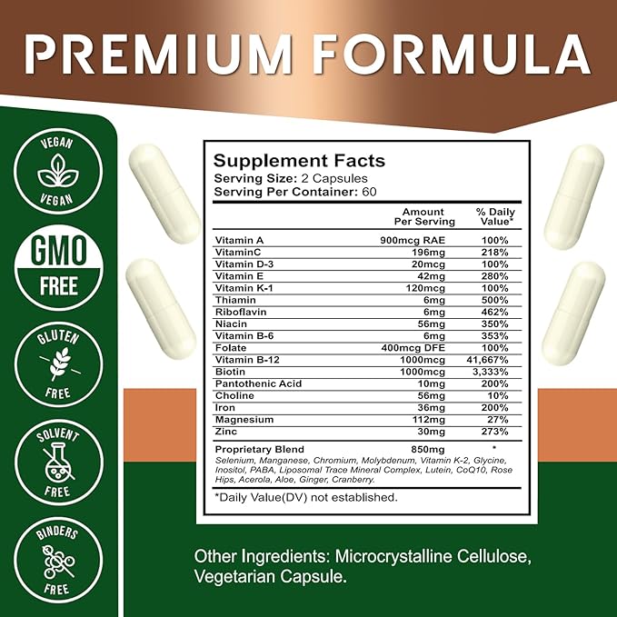 Liposomal Multivitamin, 33-in-1 Multivitamin & Multimineral Complex with Iron & Zinc, Effective Support Bone, Cardiovascular & Overall Health, High Bioavailability & Fast Absorption