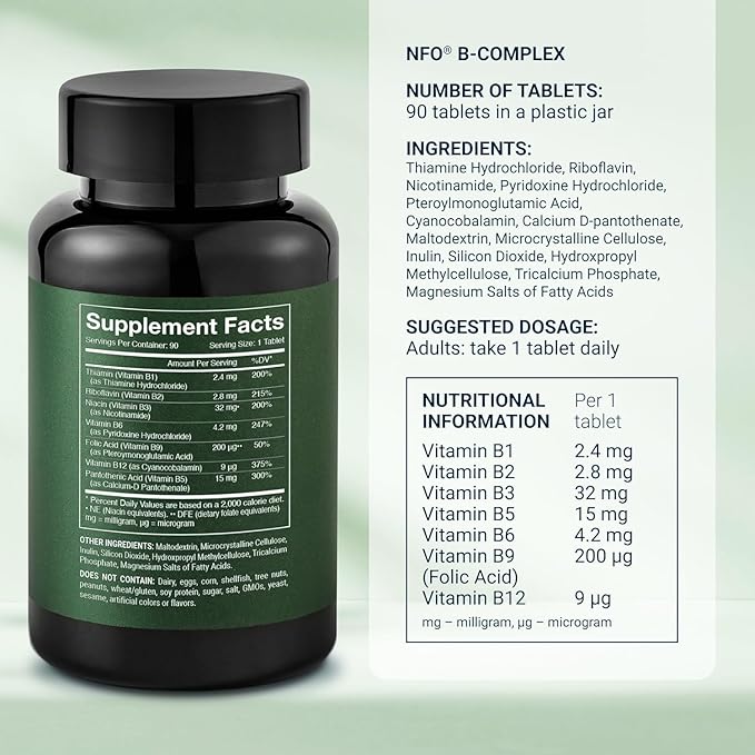 NFO Vitamin B Complex [90 Tablets] Norwegian Natural High-Dose Complex of Multivitamins of Group B in an Easily Accessible Form: B1, B2, B3, B5, B6, B9, B12 for Men and Women Made in Norway
