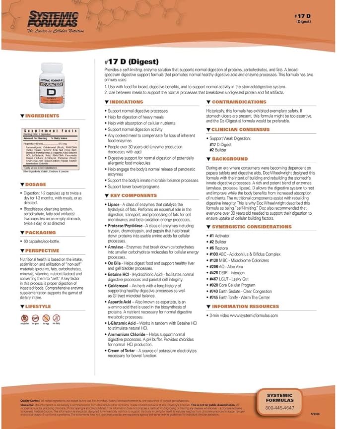 Systemic Formulas Bio Function #17 D Digest 60 Capsules. Helps Digestion of Heavy Meals and Absorption of Nutrients.