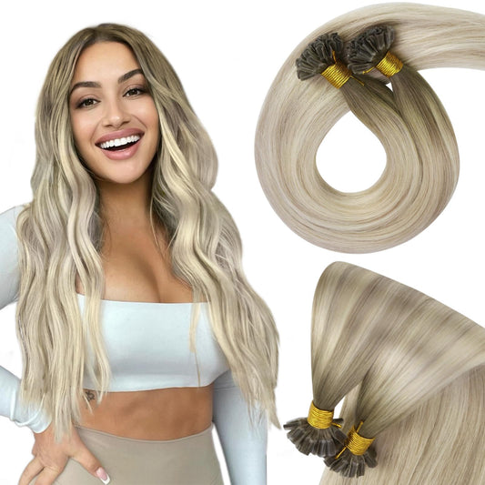 Sunny U Tip Hair Extensions Human Hair Blonde Balayage Keratin Hair Extensions 24Inch U Tip Hair Extensions Cool Ash Grey Ombre