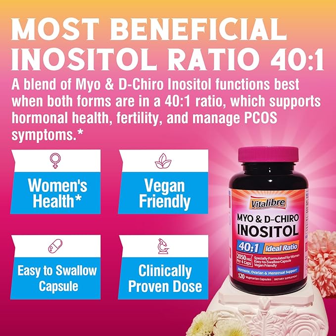 Inositol Supplement, Myo-Inositol & D-Chiro Inositol Fertility Supplements for Women, 40:1 Ideal Ratio, Hormone Balance and Ovarian Support, 120 Vegan Capsules