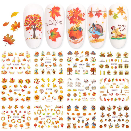 Fall Nail Stickers Autumn Maple Leaf Nail Art Decals Thanksgiving Day Water Decal Transfer Slider Set Turkey Pumpkin Nail Art Fo