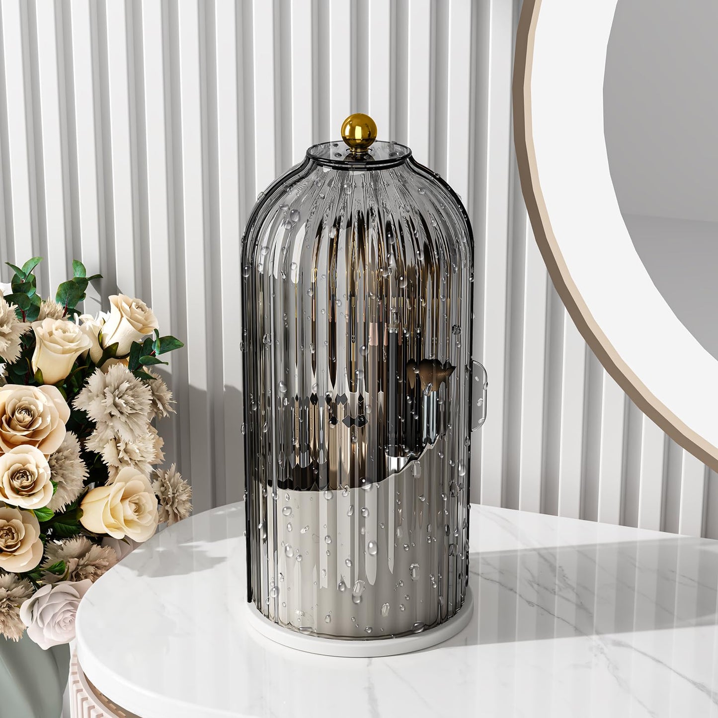 Gaxmi Makeup Brush Holder With Lid Cosmetic Tools Organizer 360 Rotating Waterproof Dustproof Makeup Brushes Storage For Vanity,