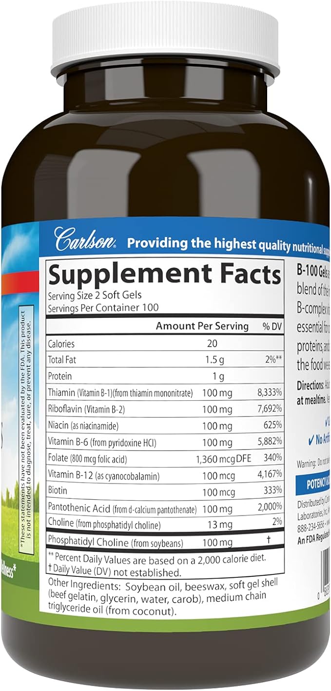 Carlson - B-100 Gels, High-Potency Vitamin B Complex, Energy Production, Cellular Support & Optimal Wellness, 200 Softgels