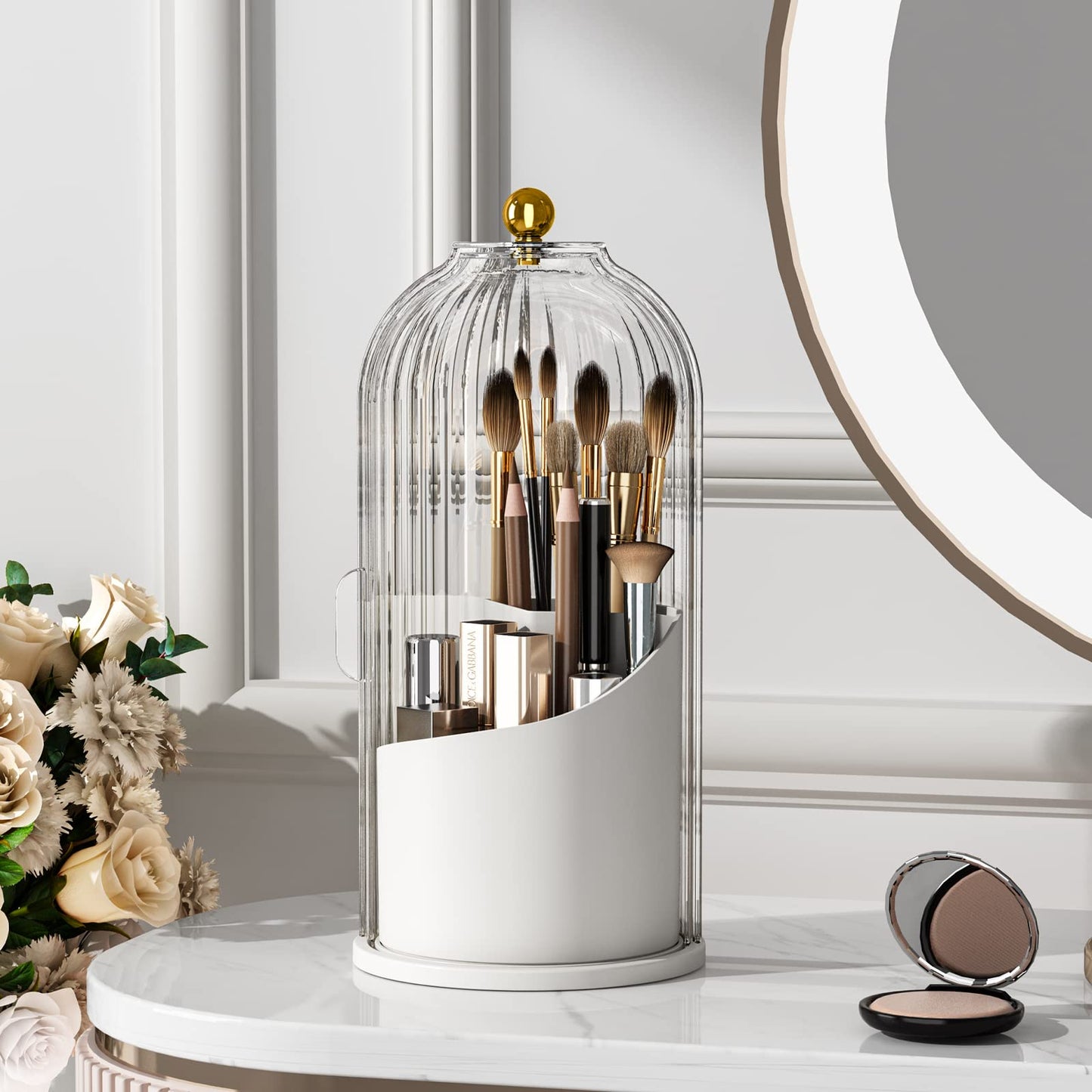 Yoolens Makeup Brush Holder Organizer With Lid,360 Rotating Clear Dustproof Makeup Brushes Organizer For Vanity Desktop Bathroom