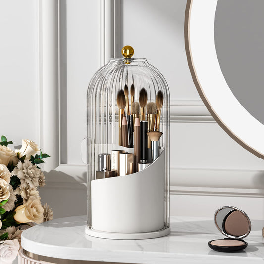 Yoolens Makeup Brush Holder Organizer With Lid,360 Rotating Clear Dustproof Makeup Brushes Organizer For Vanity Desktop Bathroom