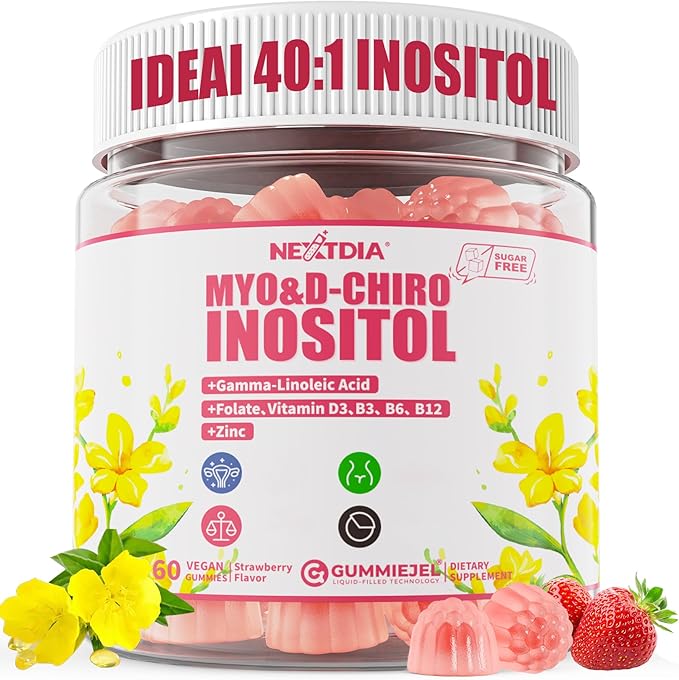 Inositol Gummies Supplement with Evening Primrose Oil for Women - 40:1 Ratio Myo-Inositol 2000mg & D-Chiro Inositol 50mg with Vit D3 B12 & Zinc, Sugar-Free for Natural Balance & Wellness, Vegan (60ct)