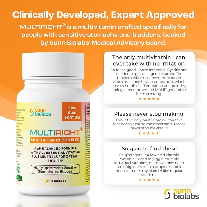 MULTIRIGHT | LOW ACID MULTIVITAMIN for Sensitive Stomachs, Bladders or IC | 14 Vitamins & 14 Minerals | Bladder-Friendly, pH Balanced | Easy on Digestion-Less Acidic | Buffered Vitamin C | 270 Tab (3)
