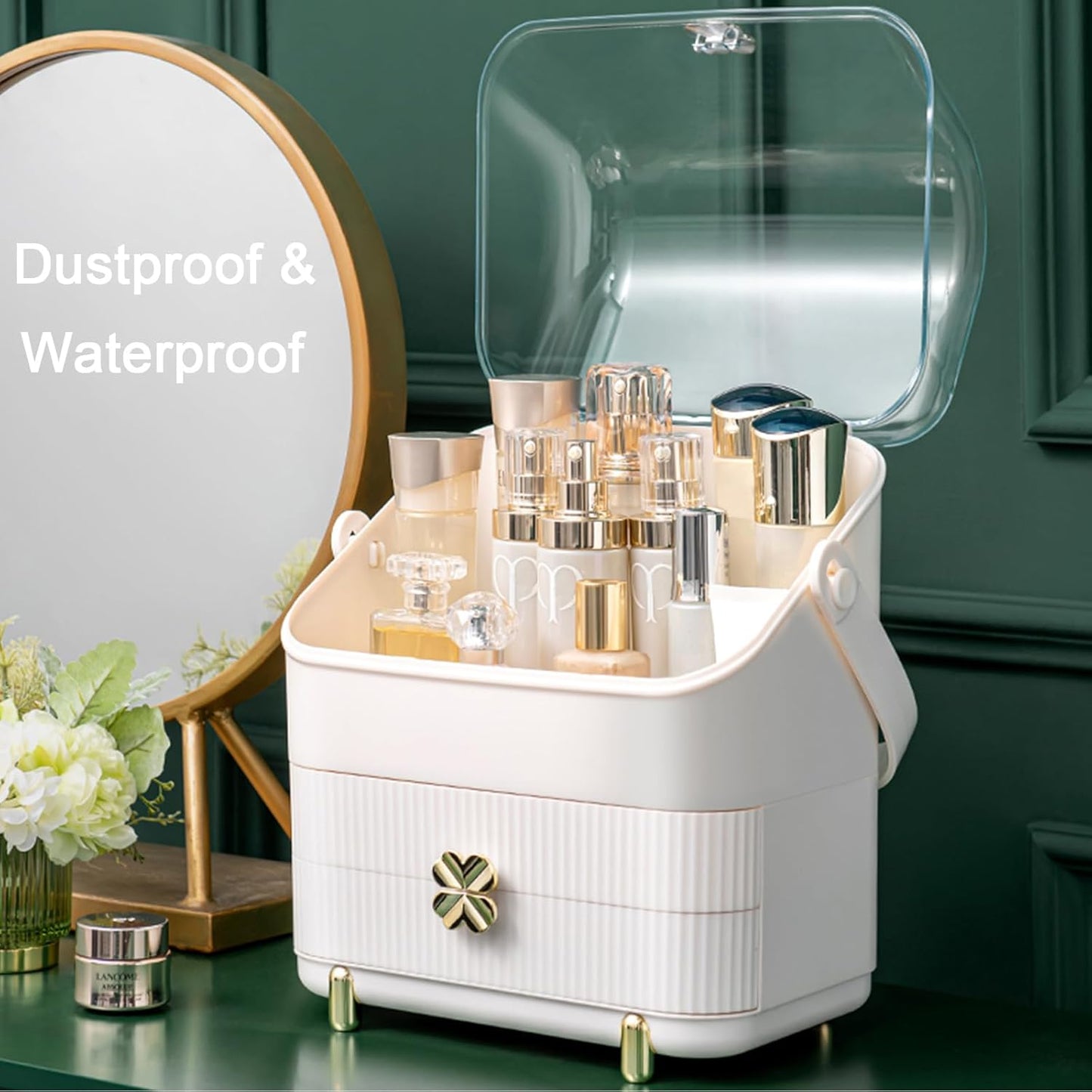 Makeup Organizer | 3-Tier Cosmetic Storage Box with Dust Cover & Drawers | Ivory