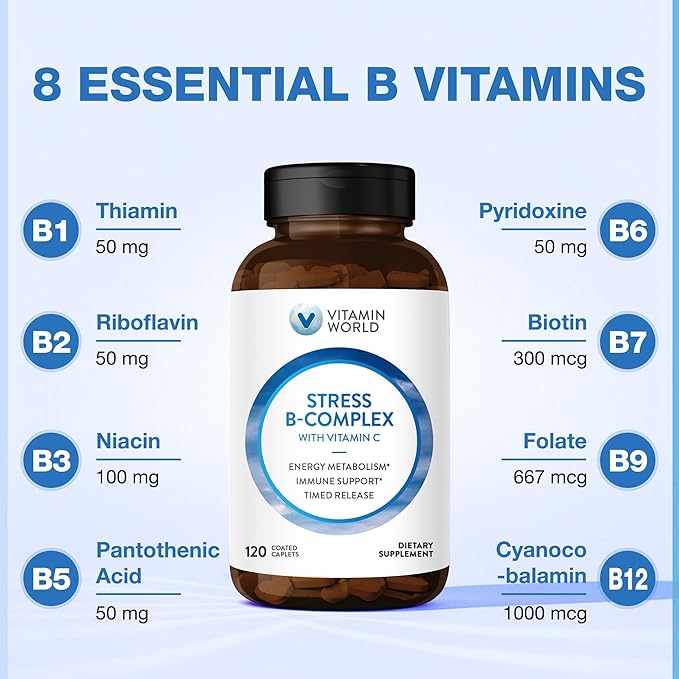 Vitamin World Stress Vitamin B Complex with Vitamin C, Timed Release High-Potency Vitamin B6, B12, Niacin, Folate & Biotin for Stress, Energy, Metabolism & Immune Support, Non-GMO, 120 Caplets