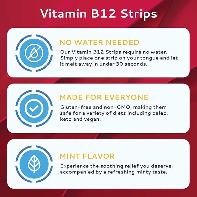 Vitamin B12 Strips 10 Pack | Easy Oral Dissolvable Mint Flavored Strips | 1500 mcg Strips | VIT B12 Dissolve Under Tongue | Methylcobalamin B-12 Vitamin Formula | Vegan Friendly & Gluten Free