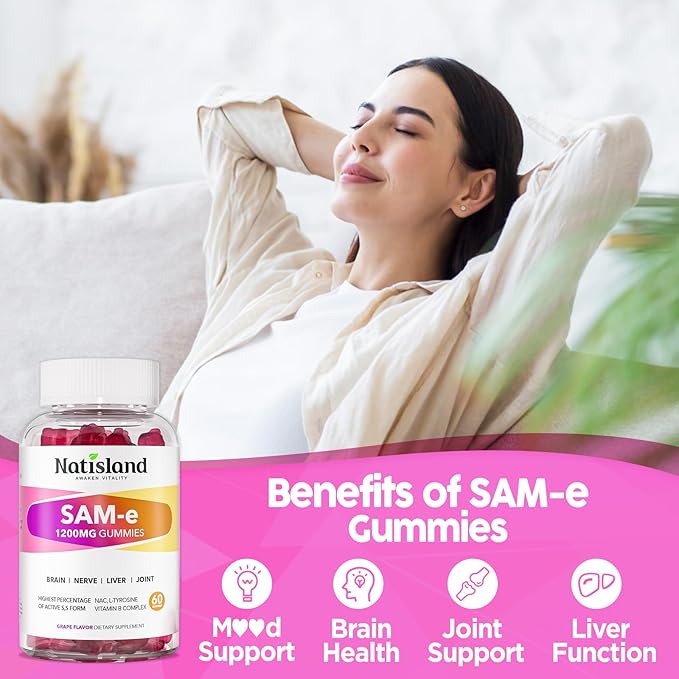 SAM-e with L-Tyrosine Gummies, Methylated Vitamin B-Complex & NAC, 1200mg SAM e Supplement, Methyl Folate and B12, for Stress Relief & Brain Support, Liver & Joint Health, Gluten-Free, Vegan, 60 Ct