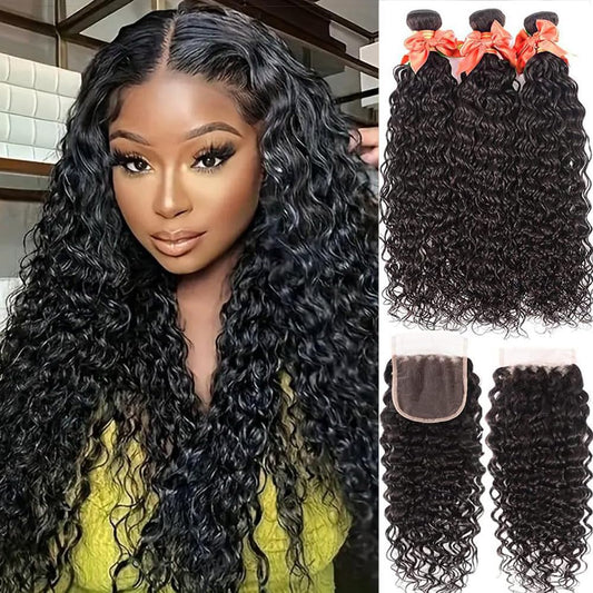 Water Wave 3 Bundles With Closure Wet And Wavy Human Hair Weave Brazilian Virgin Ocean Wave Bundles With 4Inchx4Inch Lace Closur